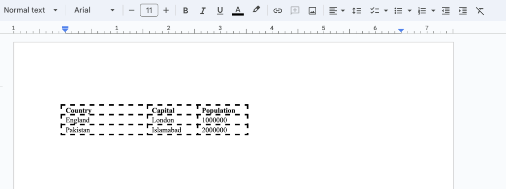 جدول في MS Word