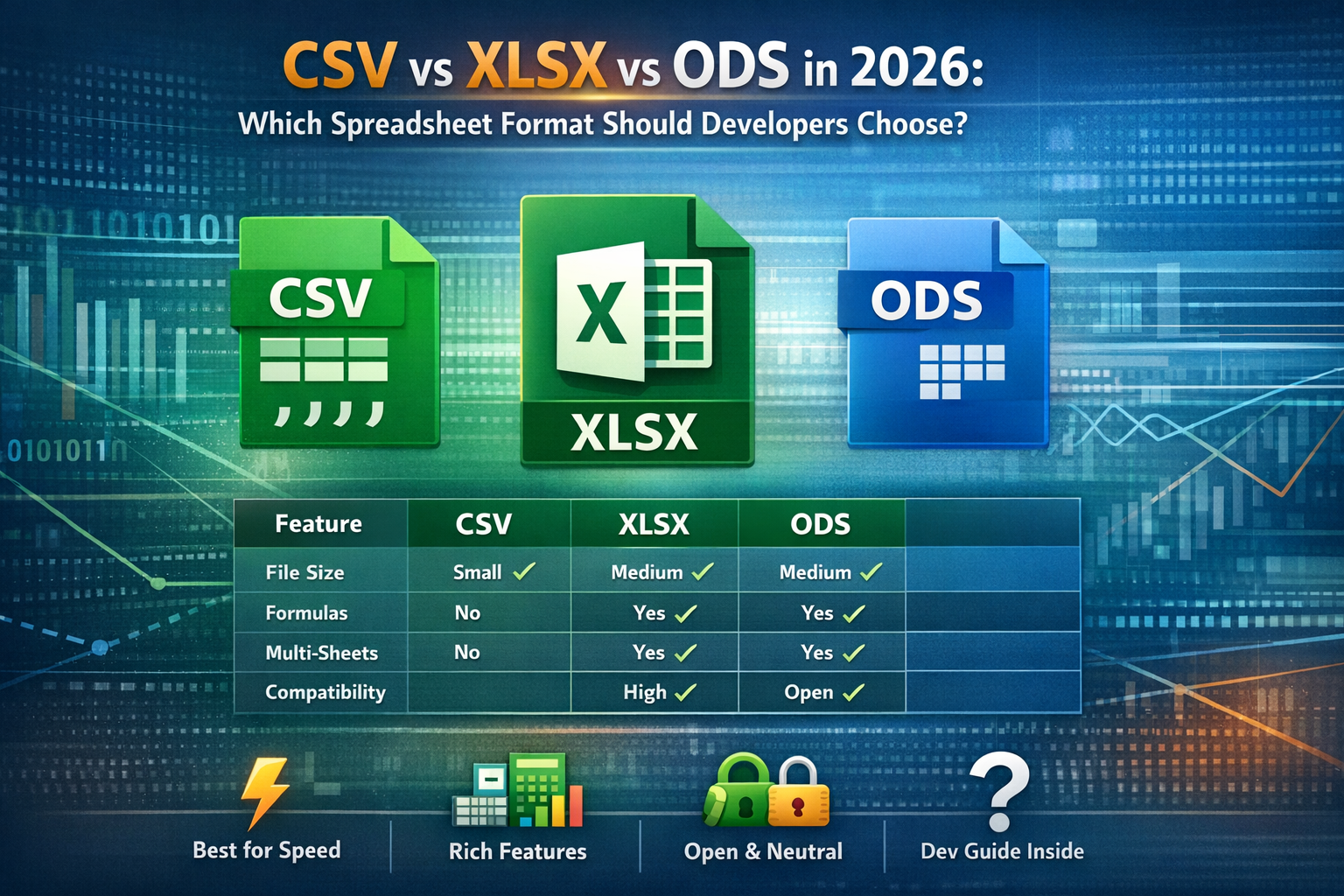 CSV vs XLSX vs ODS im Jahr 2026: Bestes Tabellenkalkulationsformat für Entwickler