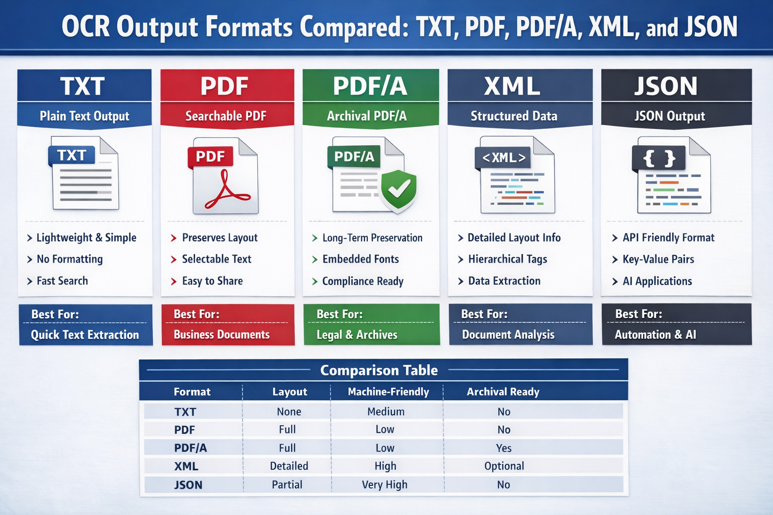 Formats de sortie OCR comparés : TXT, PDF, PDF/A, XML, JSON