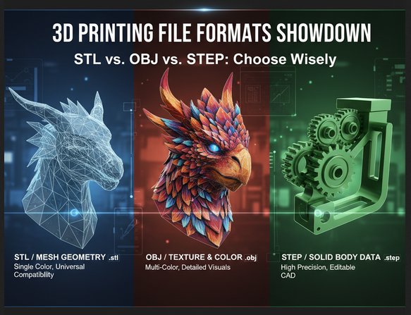 Confronta STL vs OBJ vs STEP: la guida definitiva ai formati di file per la stampa 3D
