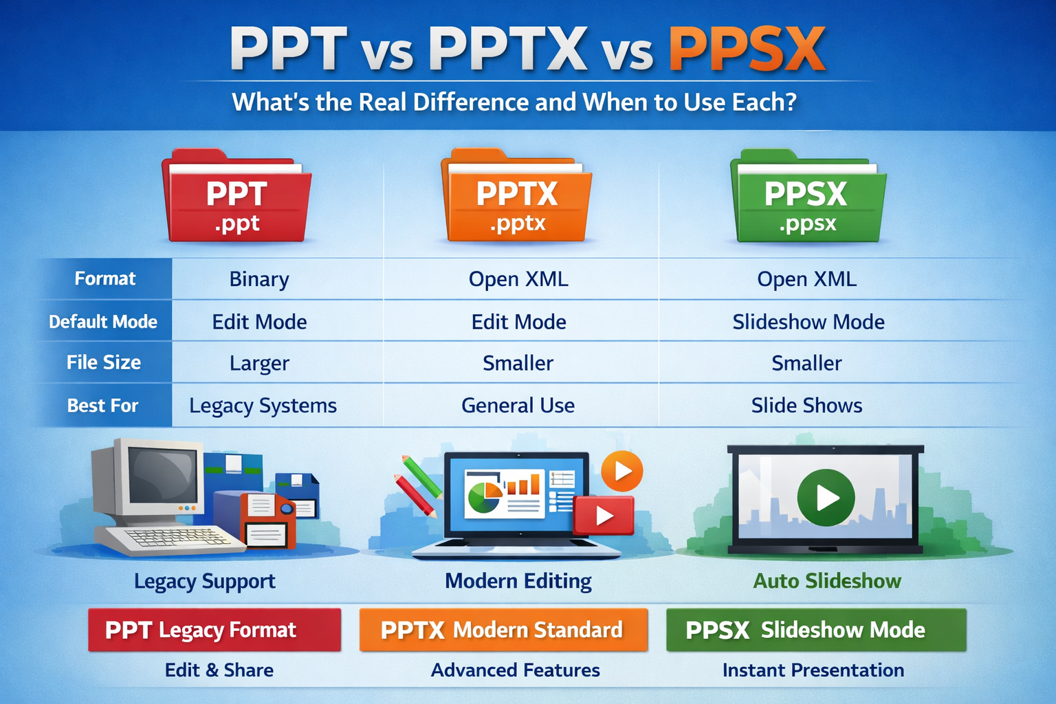 PPT vs PPTX vs PPSX – どのPowerPoint形式を使用すべきか？