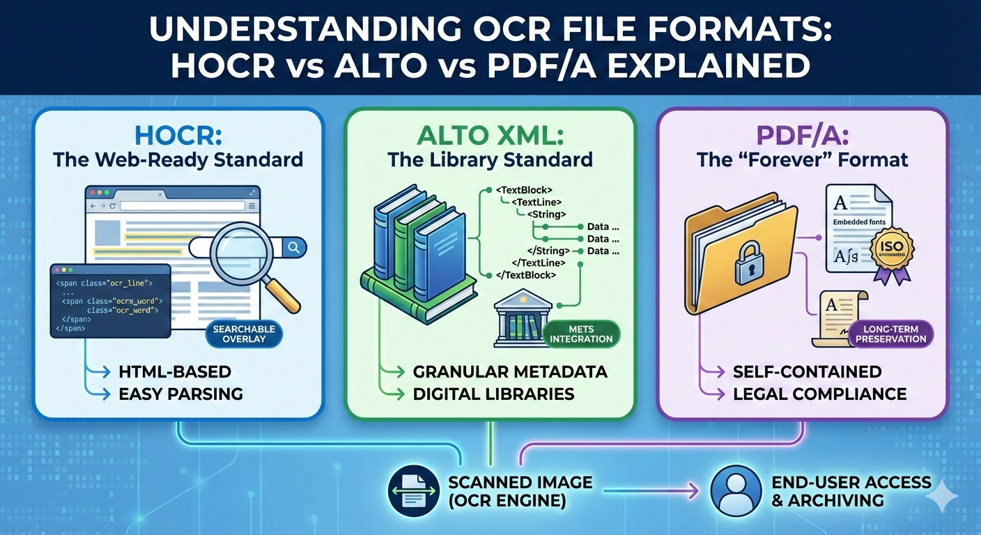 Entendendo os Formatos de Arquivo OCR: HOCR vs ALTO vs PDF/A Explicados